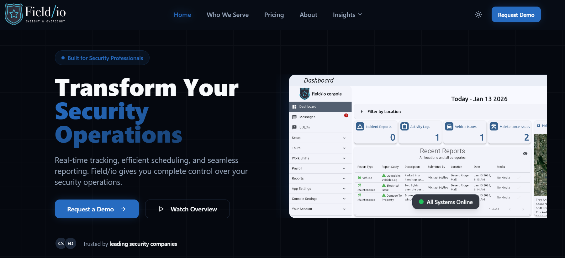 Field/io website home page and dashboard positioning