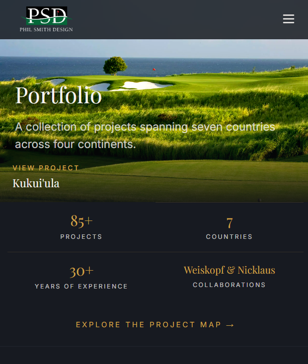 Phil Smith Golf Design portfolio tablet view